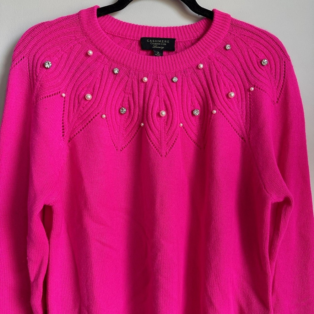 Charter Club Cashmere Sweater Womens Medium Hot‎ Pink Pearl Embellished NWT